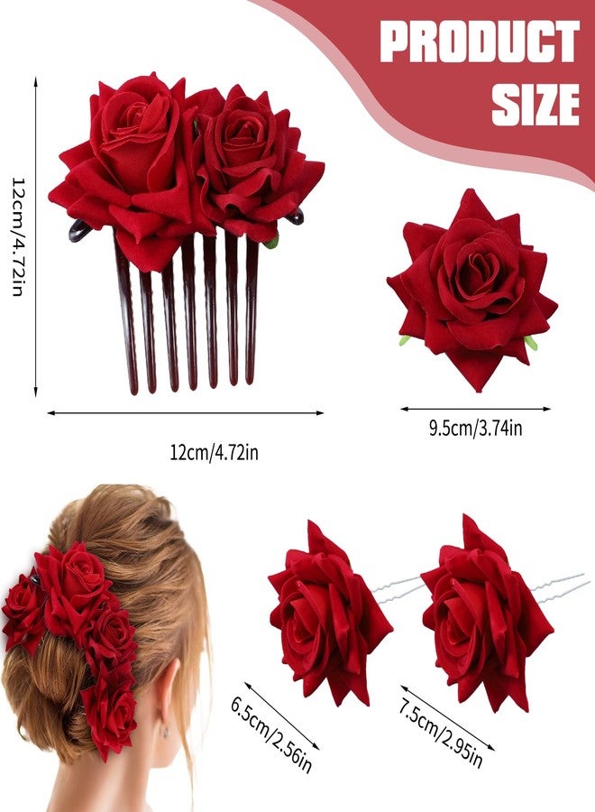 ROBOHOOK 4 Pcs Rose Hair Clip Flowers for Women, Red Flower Accessories Headband Bride Clips Combs Hair Decor for Party Wedding Gift - Image 2